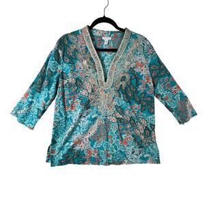CHARTER CLUB Womens Petite PL Paisley Tunic Top Teal 3 4 Sleeve Pullover Blouse